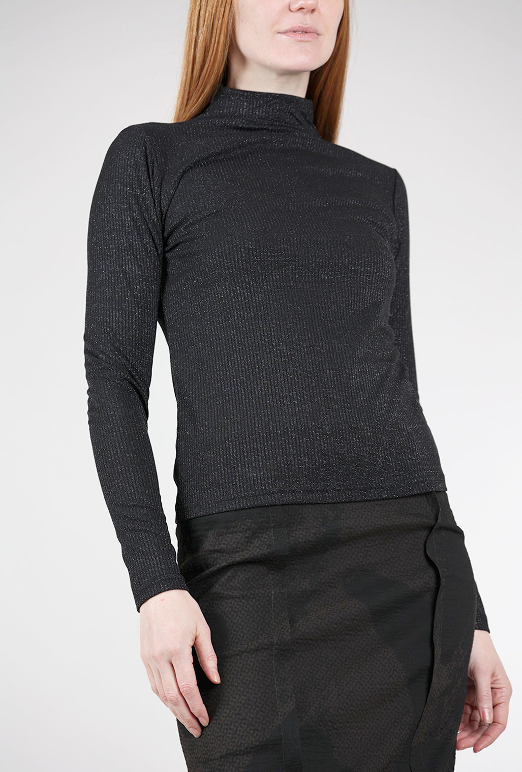 Mystree Shimmery Ribbed Mock Neck, Black 