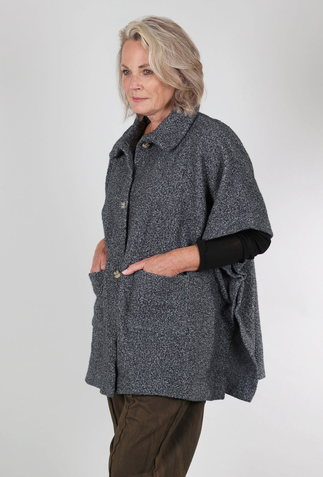 Mododoc Shawl-Neck Pocket Poncho, Charcoal 