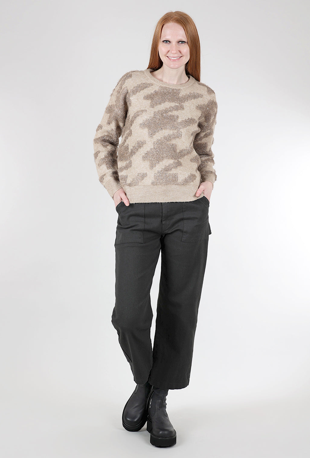 Mystree Houndstooth Fuzzy Sweater, Stone/Hazelnut 