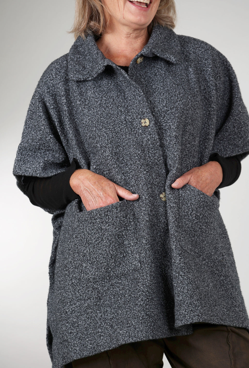 Mododoc Shawl-Neck Pocket Poncho, Charcoal 