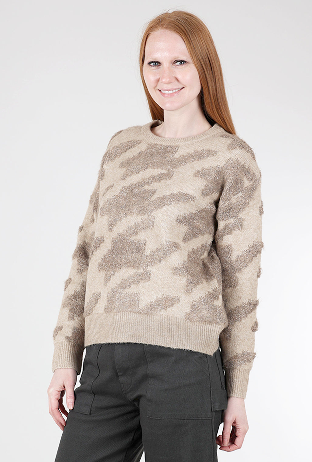 Mystree Houndstooth Fuzzy Sweater, Stone/Hazelnut 