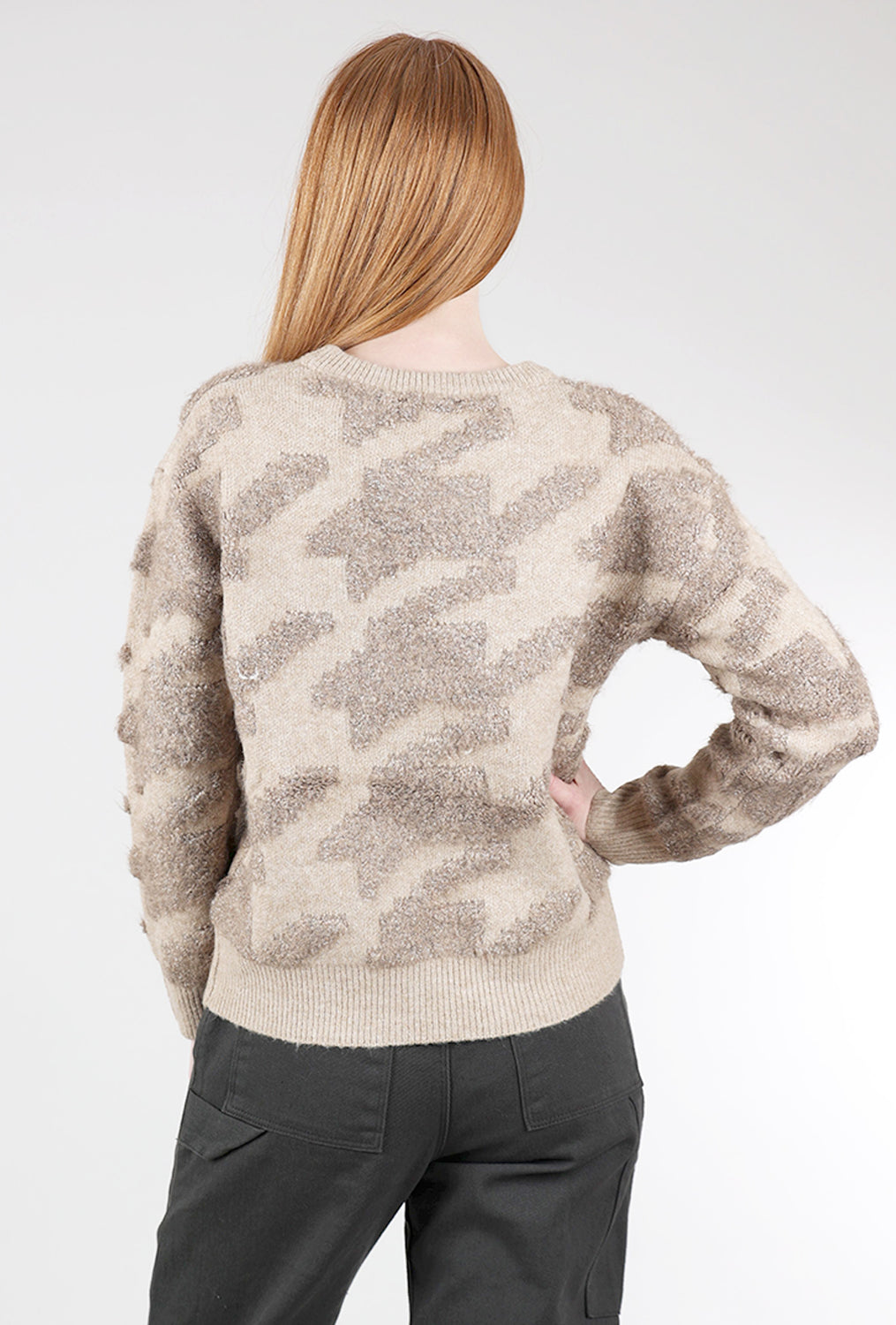 Mystree Houndstooth Fuzzy Sweater, Stone/Hazelnut 