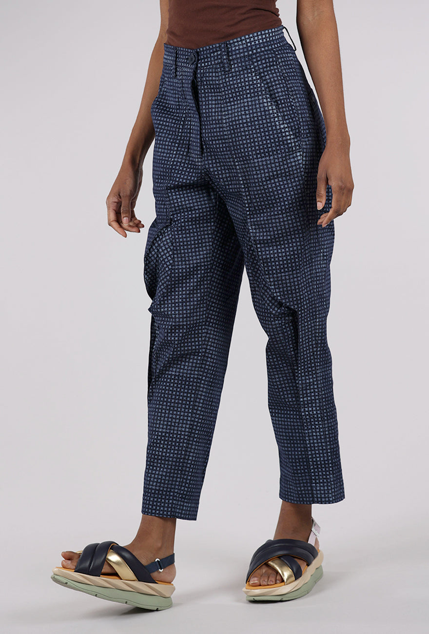 Rundholz Cotton Check Curve Seam Trouser, Navy 