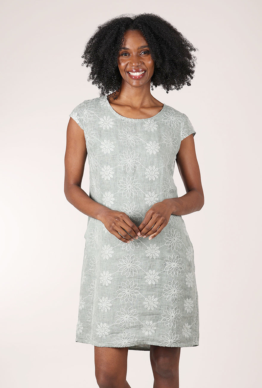 S/S Embroidered Linen Dress, Sage - Sage / Large