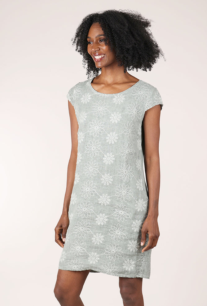 Femme Fatale S/S Embroidered Linen Dress, Sage 
