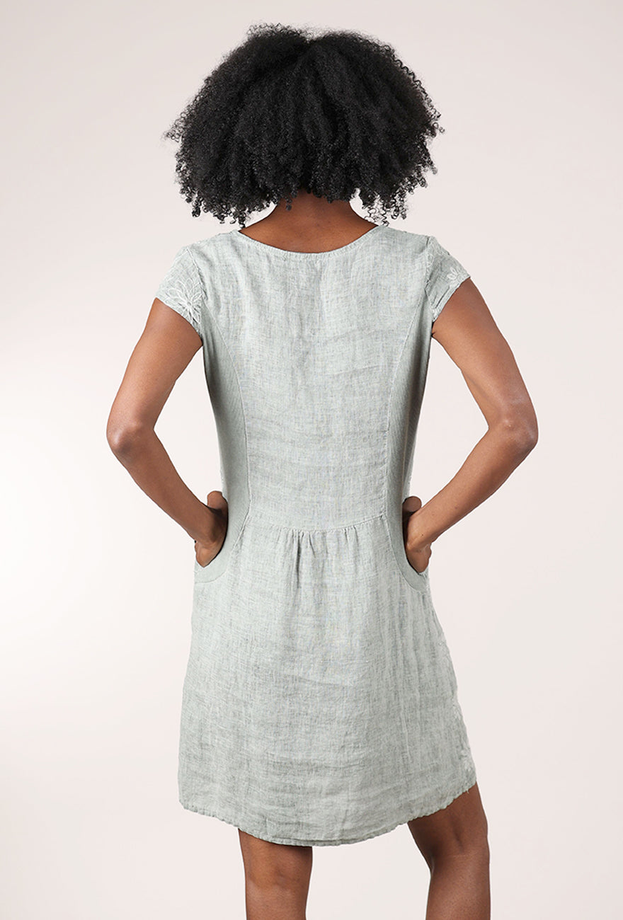 Femme Fatale S/S Embroidered Linen Dress, Sage 