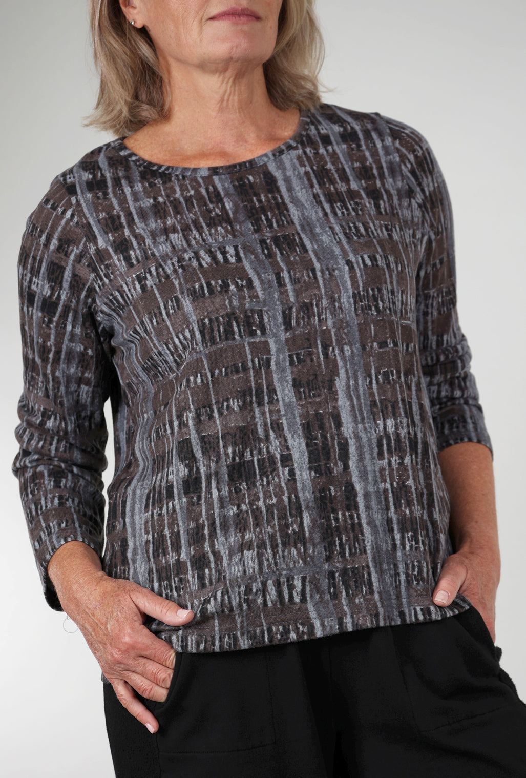 Fenini Brushed-Knit Woodscape Top, Charcoal Mix 