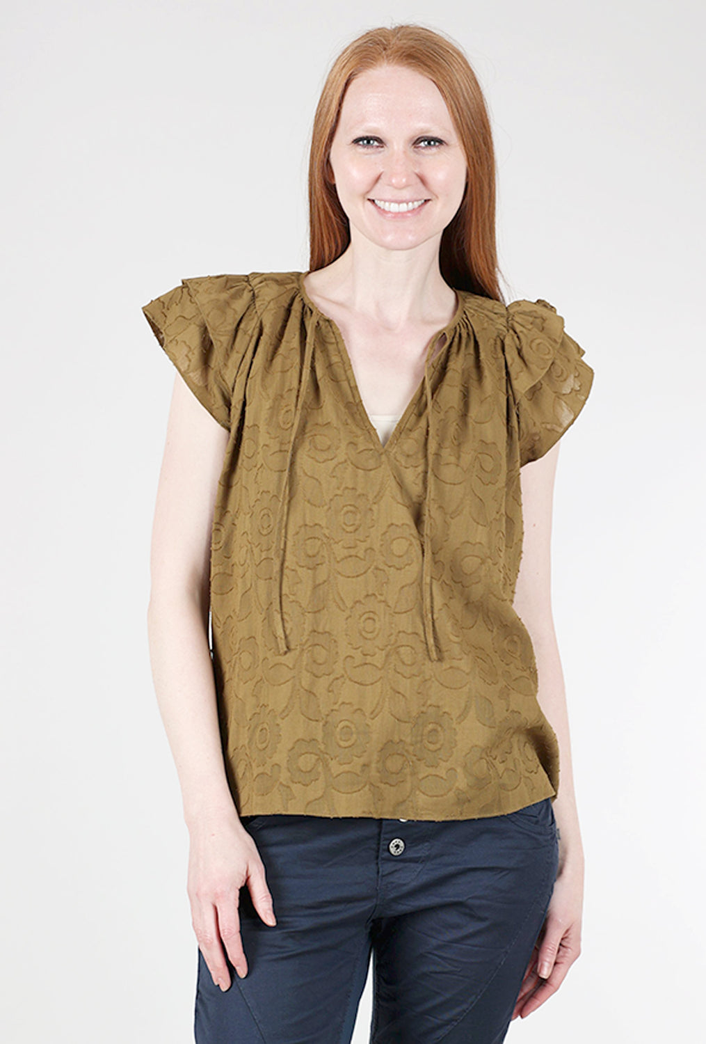 Grade & Gather Cotton Jacquard Ruffle Top, Brown Olive 