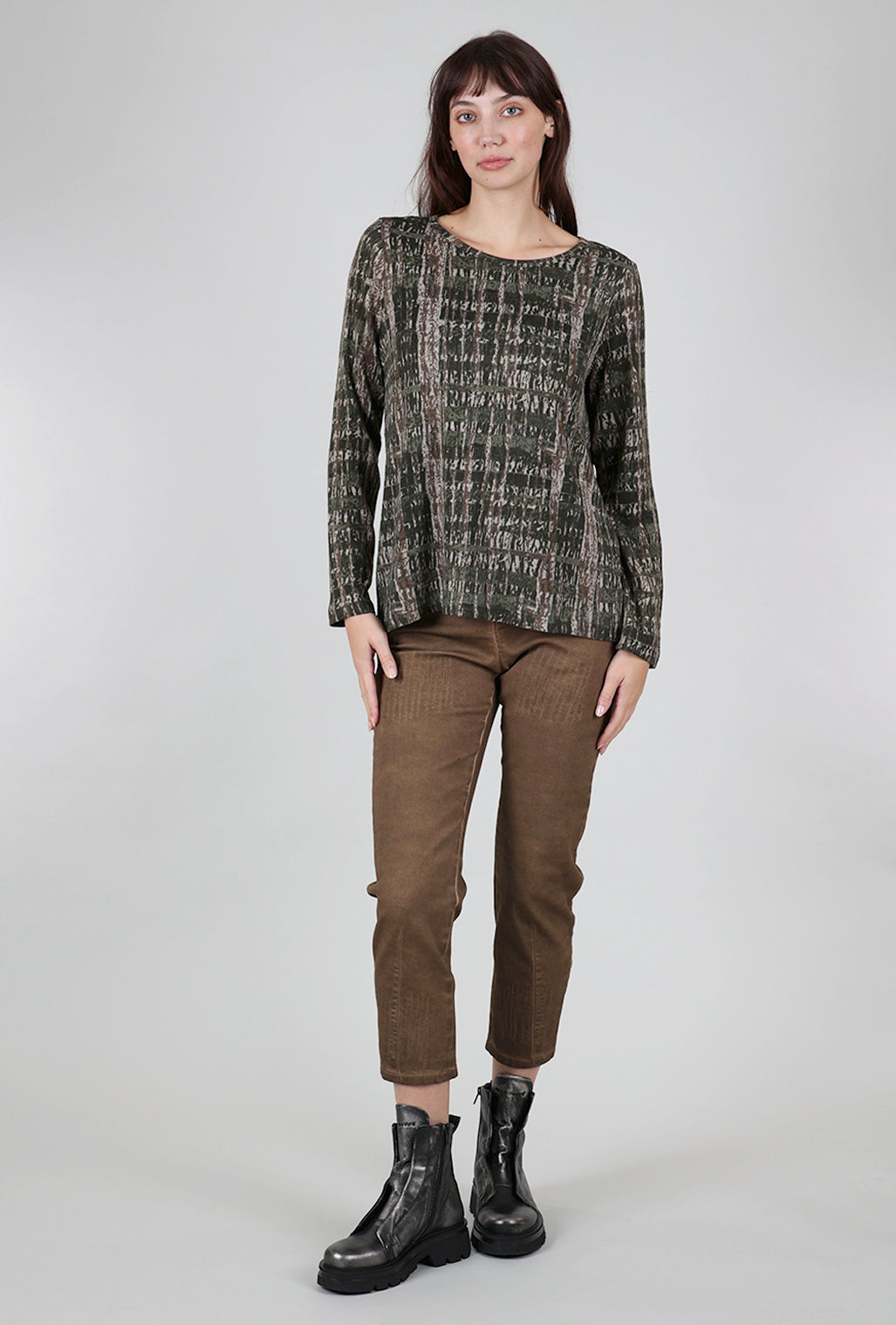 Fenini Brushed Knit Woodscape Top, Olive Mix 