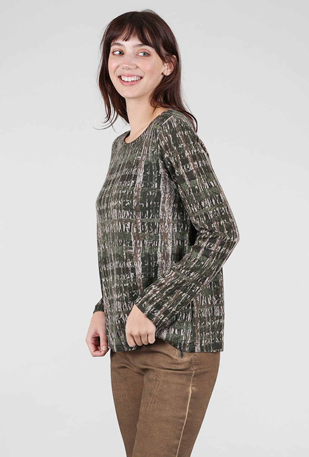 Fenini Brushed Knit Woodscape Top, Olive Mix 