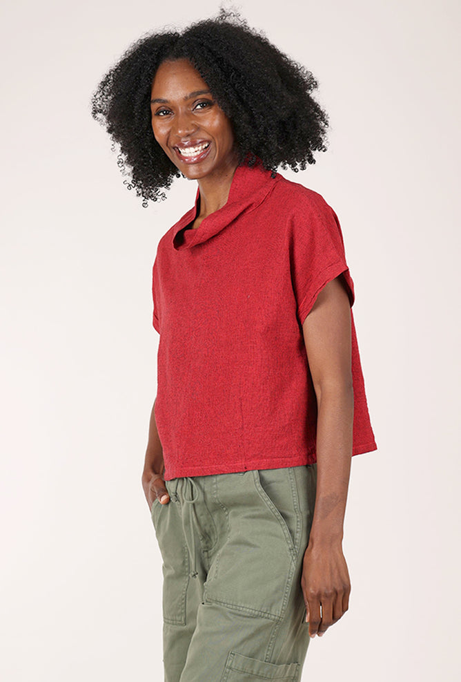 Cut Loose Crosshatch Roll Sleeve Top, Cherry 