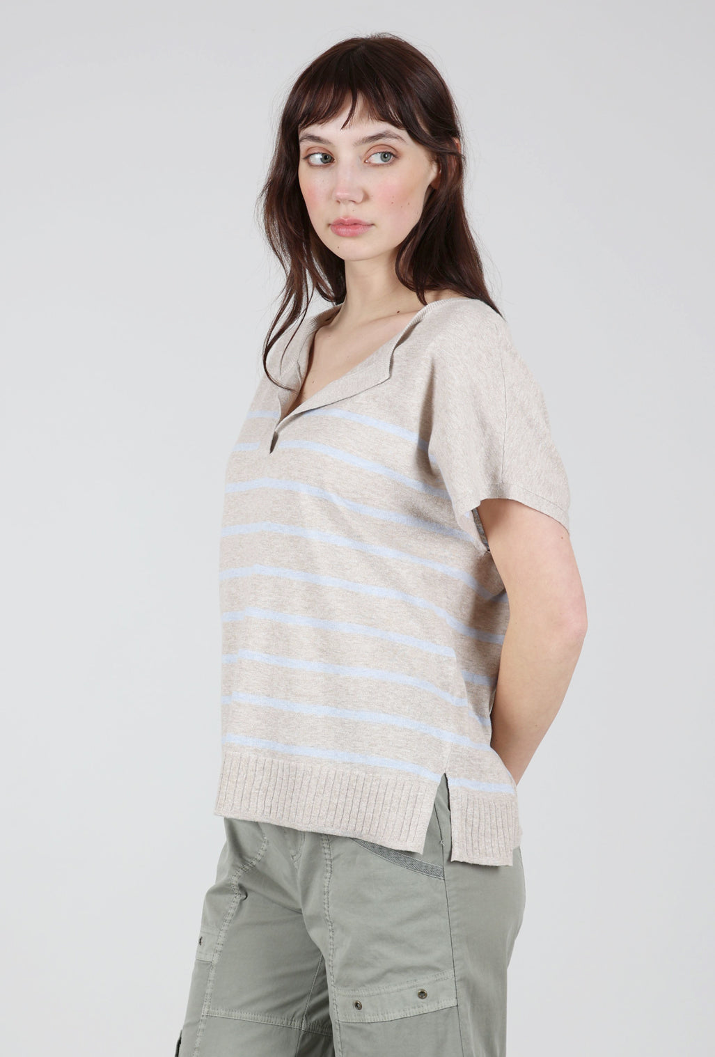 Lilla P Stripe Split-Neck Sweater, Wheat Stripe 