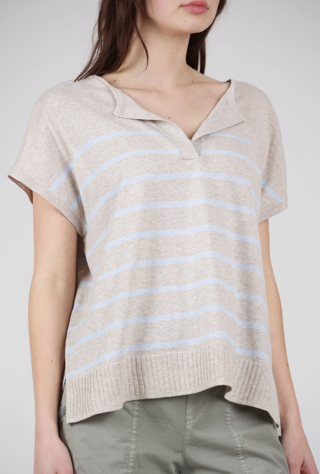 Lilla P Stripe Split-Neck Sweater, Wheat Stripe 