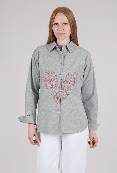 Cats With a Heart Carmen Hand-Embroidered Button Up, Blue & White 