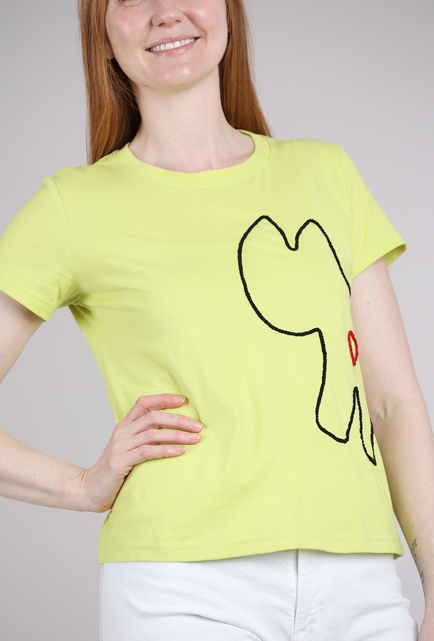 Cats With a Heart Amiga Hand-Embroidered Tee, Lime 