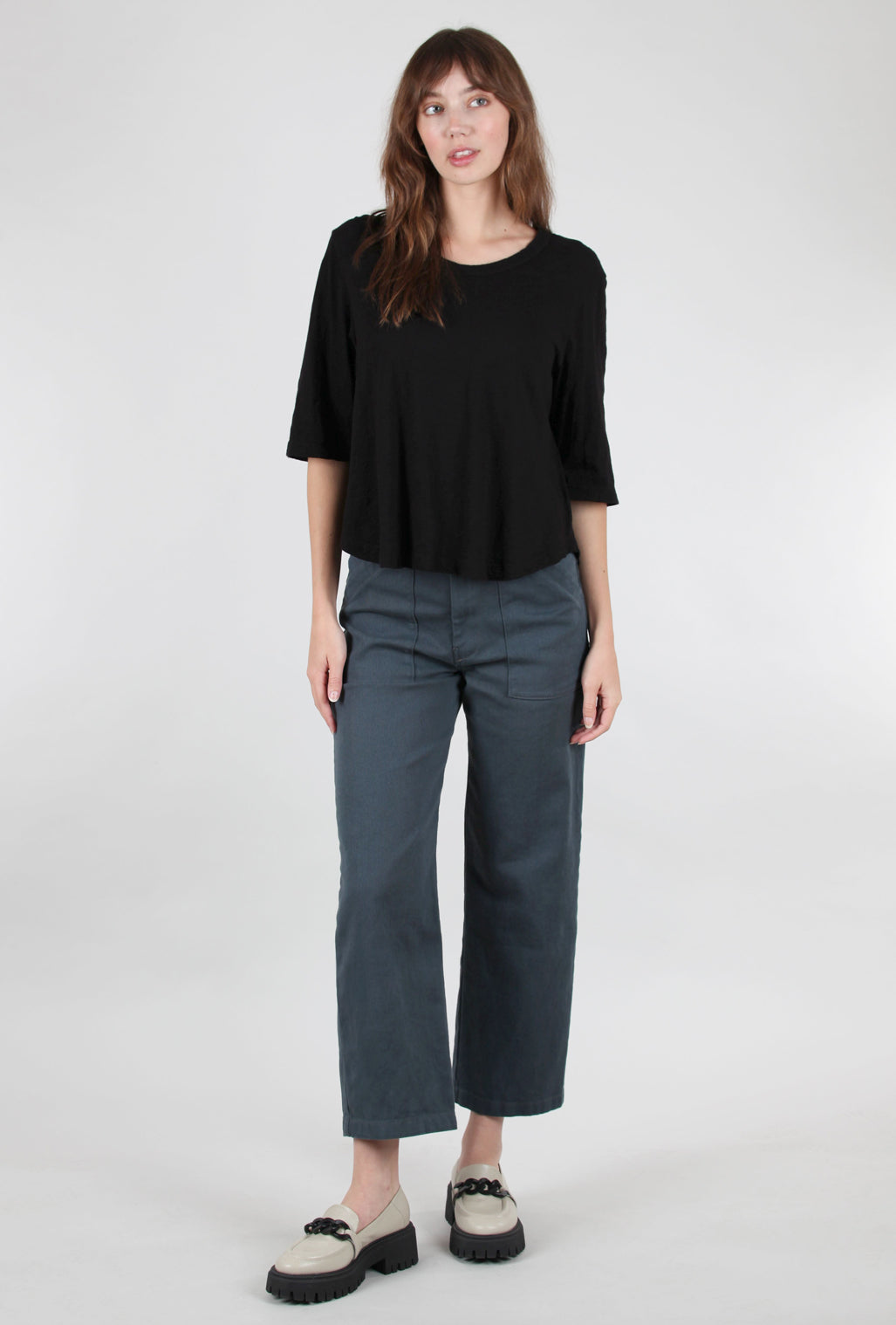 Wilt Elbow-Sleeve Boxy Shirttail Tee, Black 