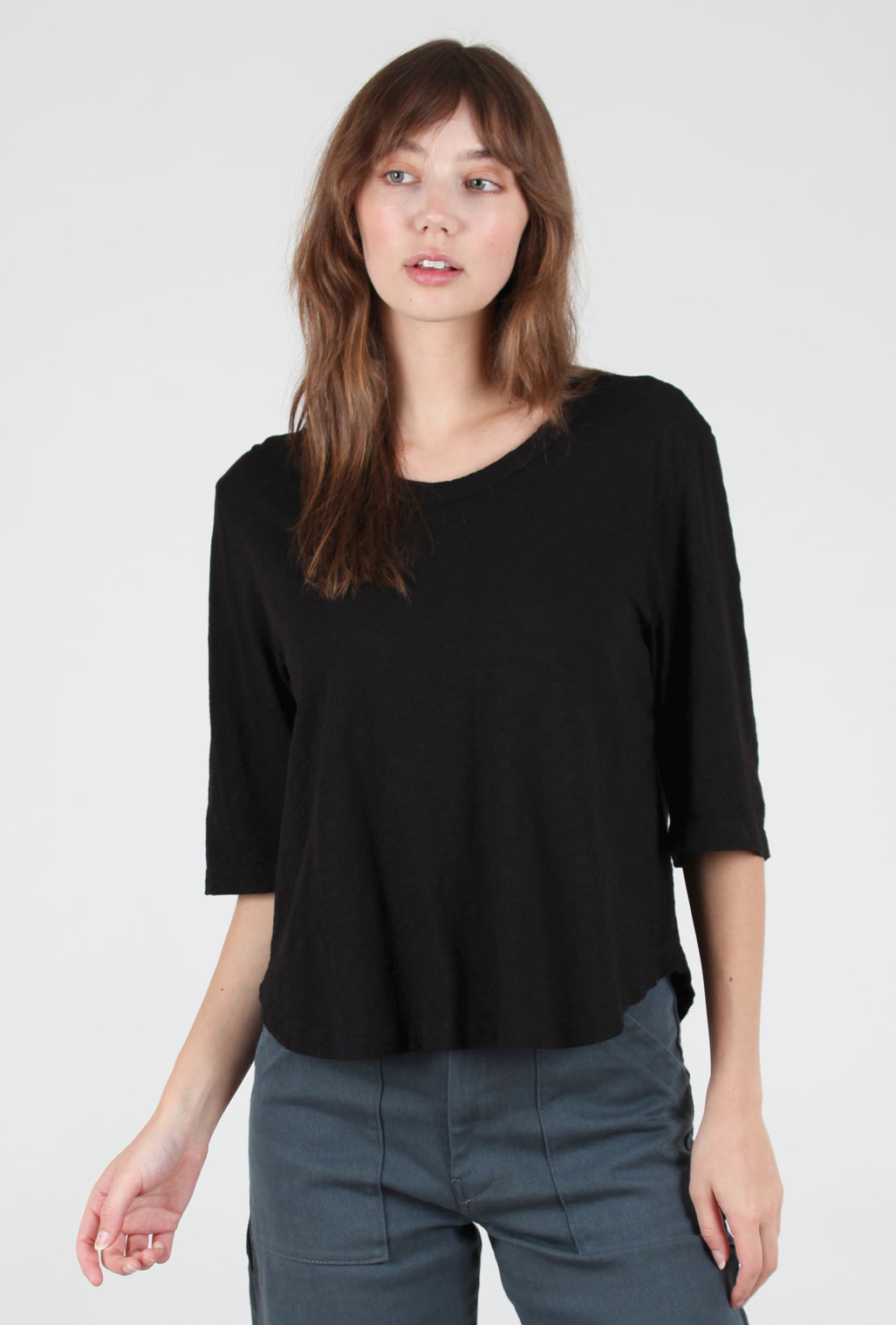 Wilt Elbow-Sleeve Boxy Shirttail Tee, Black 