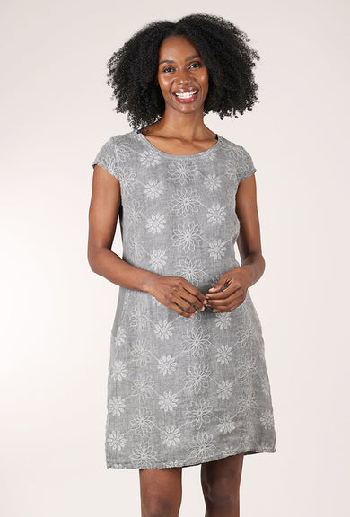 Femme Fatale S/S Embroidered Linen Dress, Charcoal 