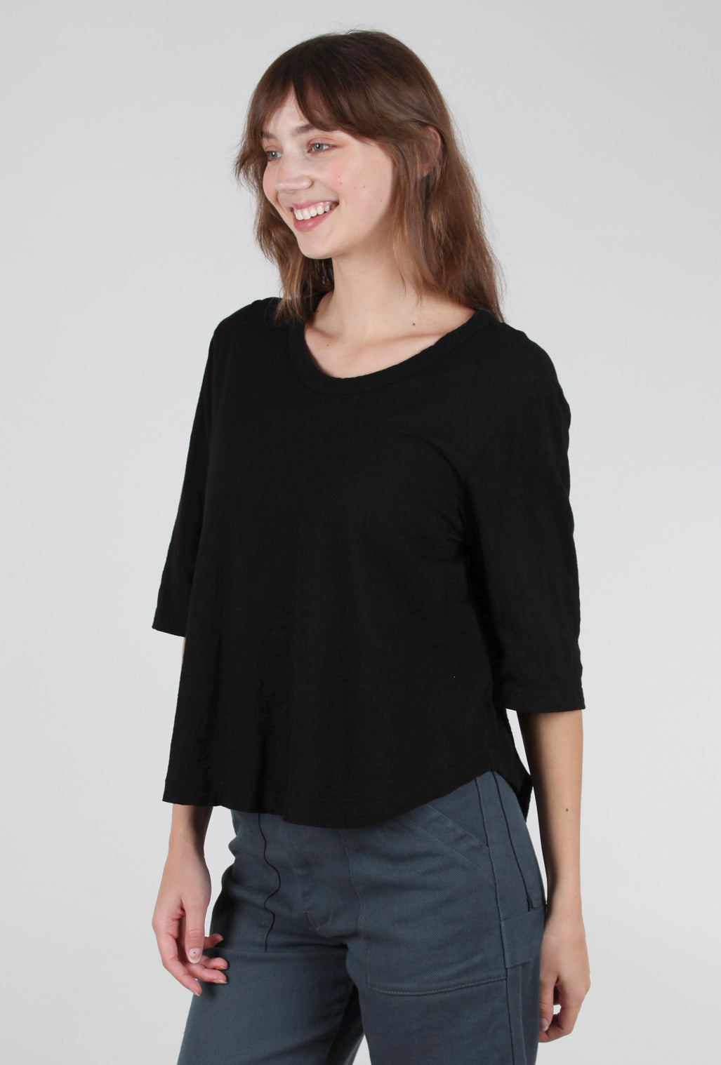 Wilt Elbow-Sleeve Boxy Shirttail Tee, Black 