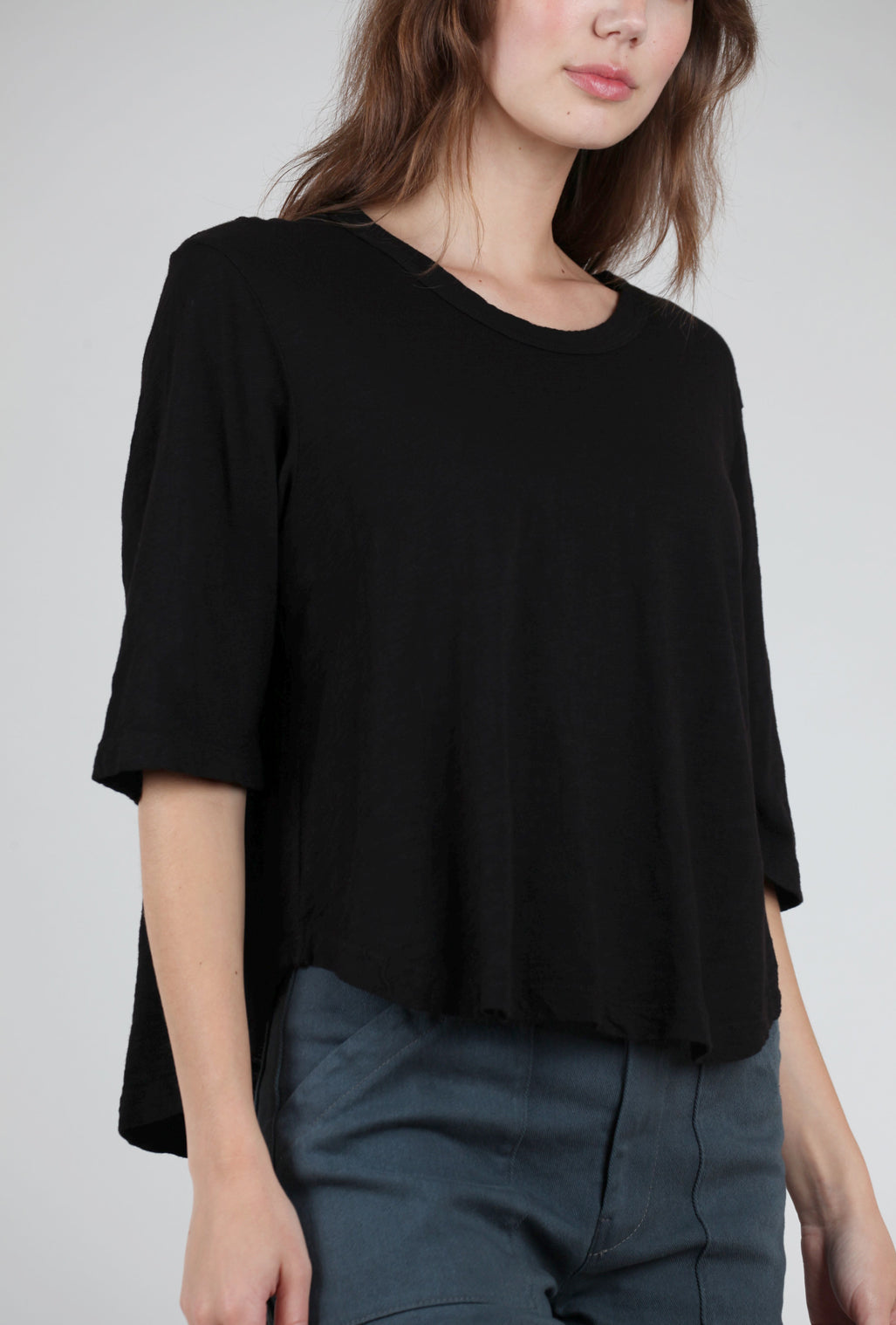 Wilt Elbow-Sleeve Boxy Shirttail Tee, Black 