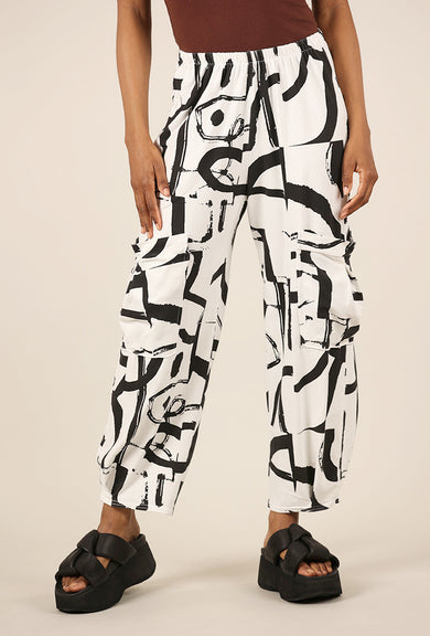 Fenini Side-Pocket Print Pant, White/Black 