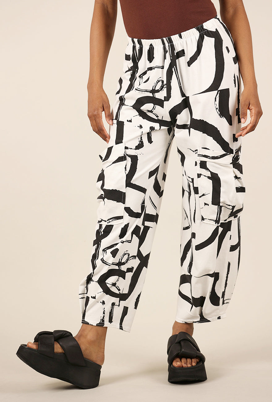 Fenini Side-Pocket Print Pant, White/Black 