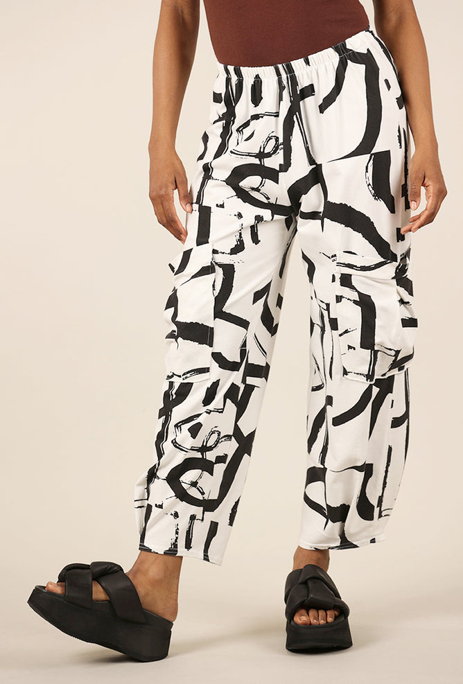 Fenini Side-Pocket Print Pant, White/Black 