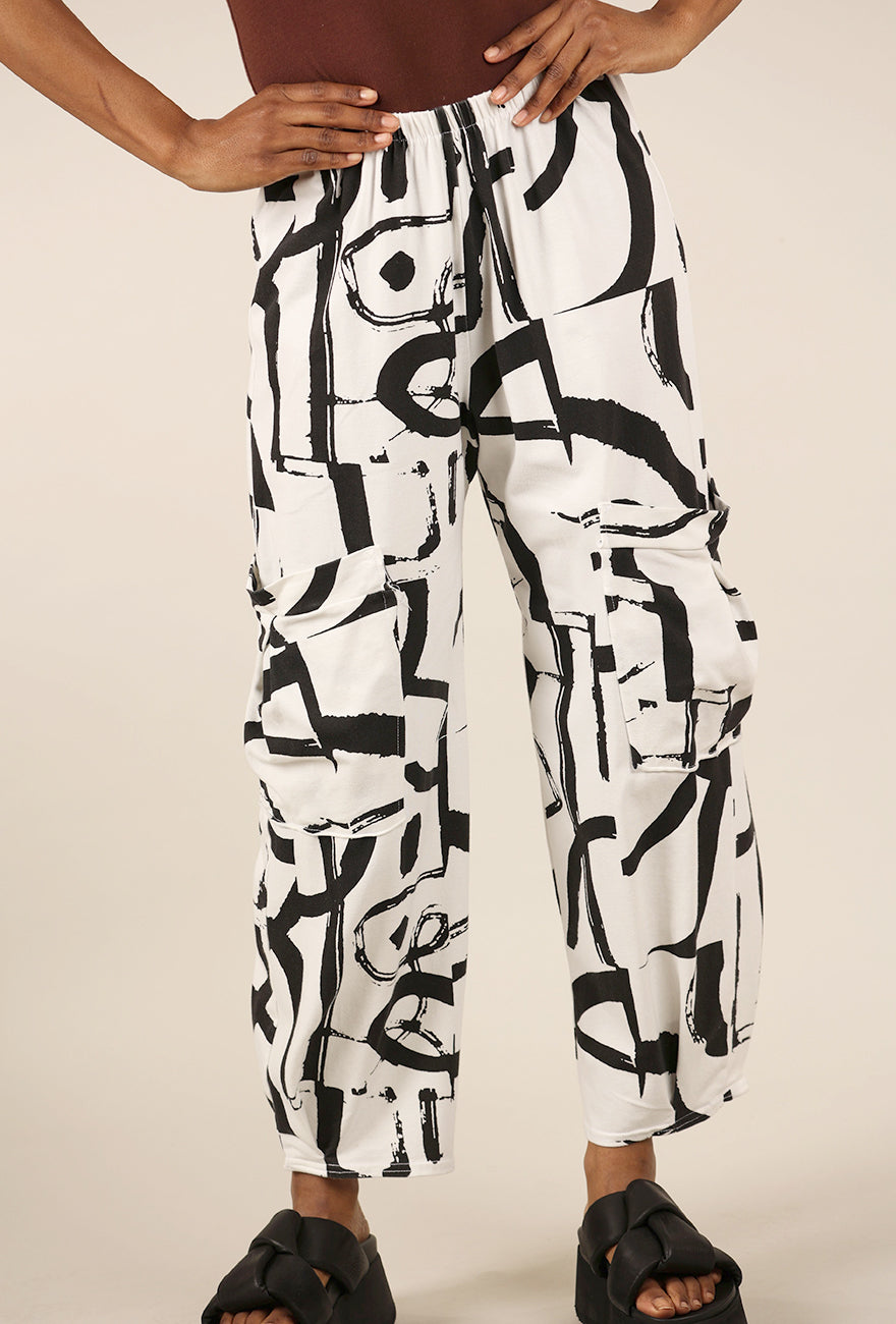 Fenini Side-Pocket Print Pant, White/Black 