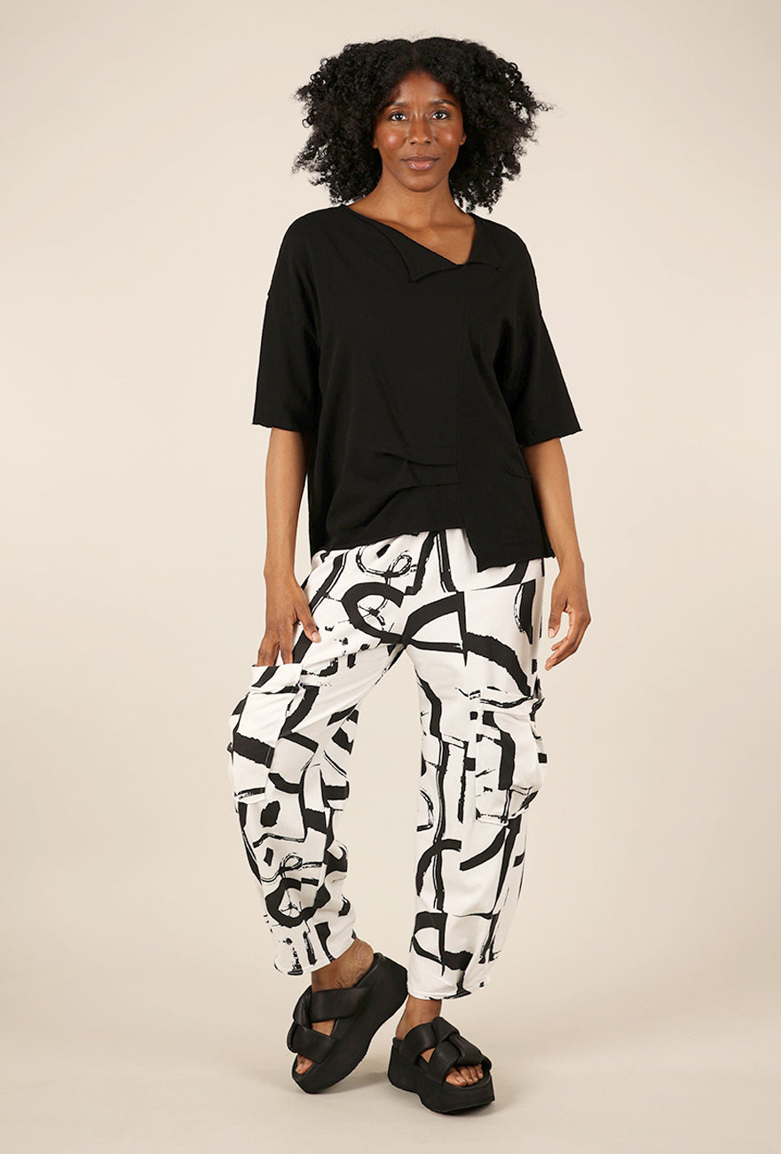 Fenini Side-Pocket Print Pant, White/Black 