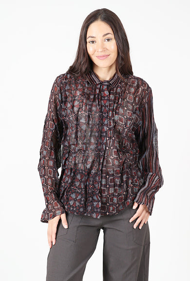 Mieko Mintz Ajrakh Wavy Tuck Cropped Shirt, Chocolate 