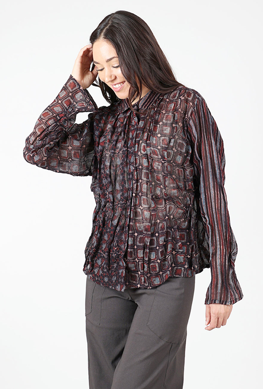 Mieko Mintz Ajrakh Wavy Tuck Cropped Shirt, Chocolate 