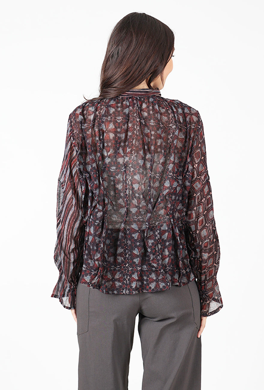 Mieko Mintz Ajrakh Wavy Tuck Cropped Shirt, Chocolate 