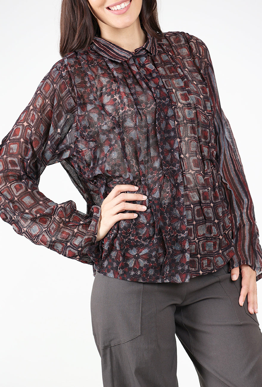 Mieko Mintz Ajrakh Wavy Tuck Cropped Shirt, Chocolate 