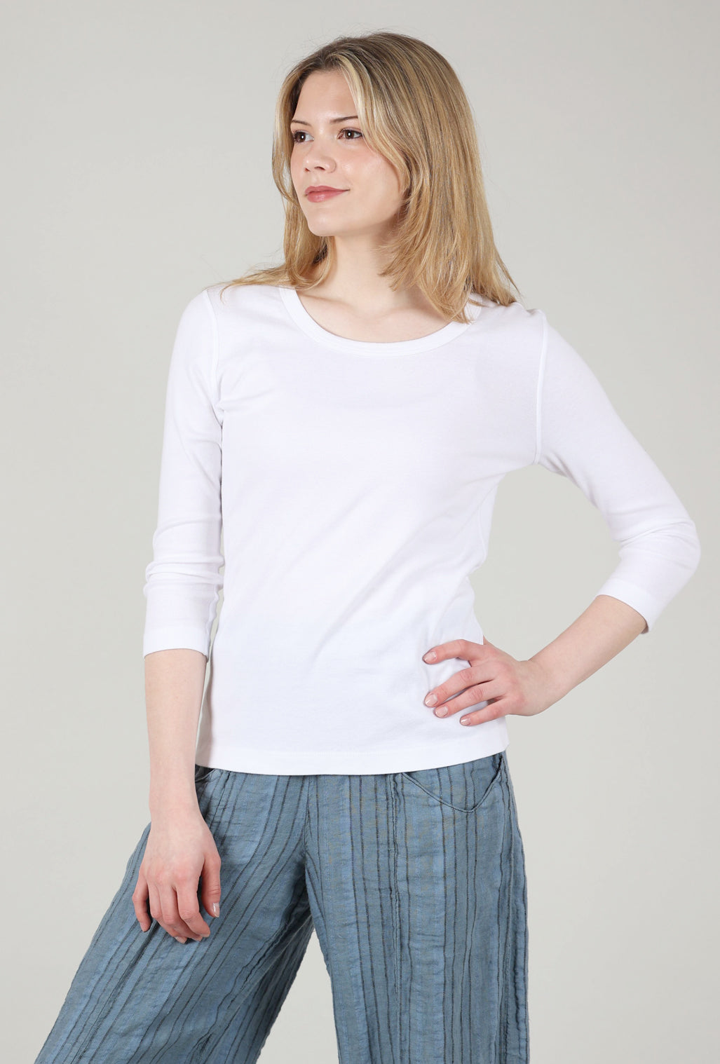 Cotton Lani Crew-Neck 3/4-Sleeve Tee, White 