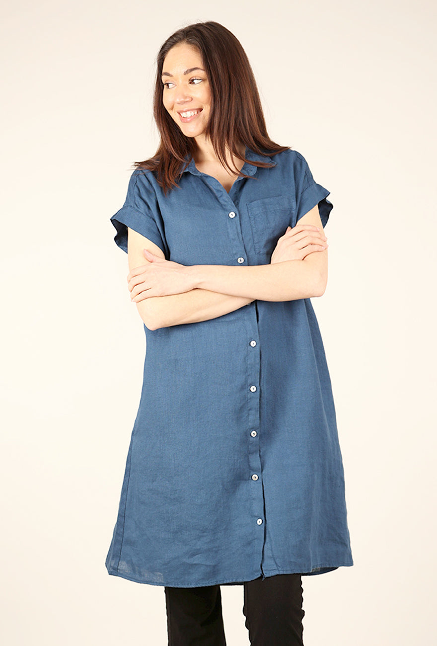 Cut Loose S/S Linen Shirtdress, Naval 