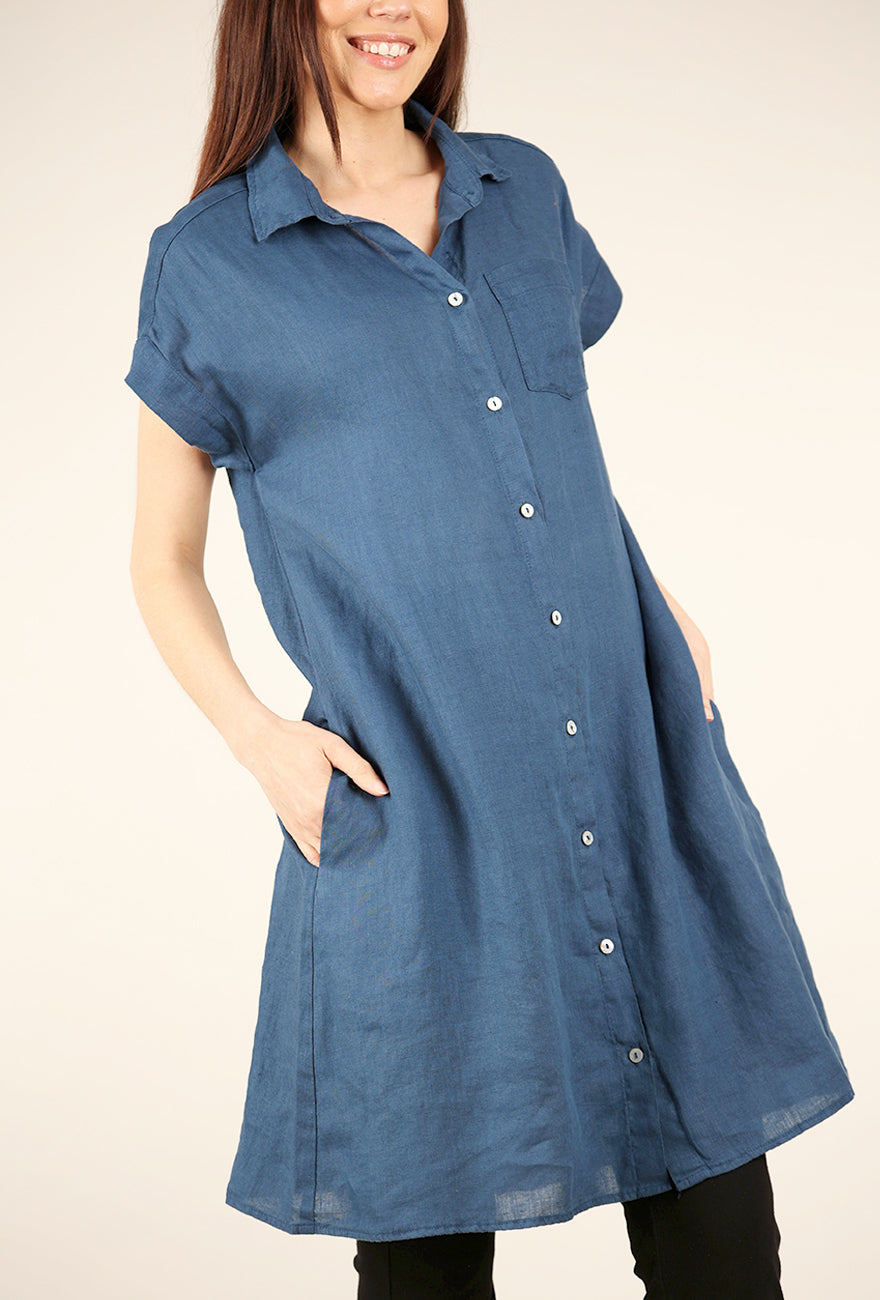 Cut Loose S/S Linen Shirtdress, Naval 