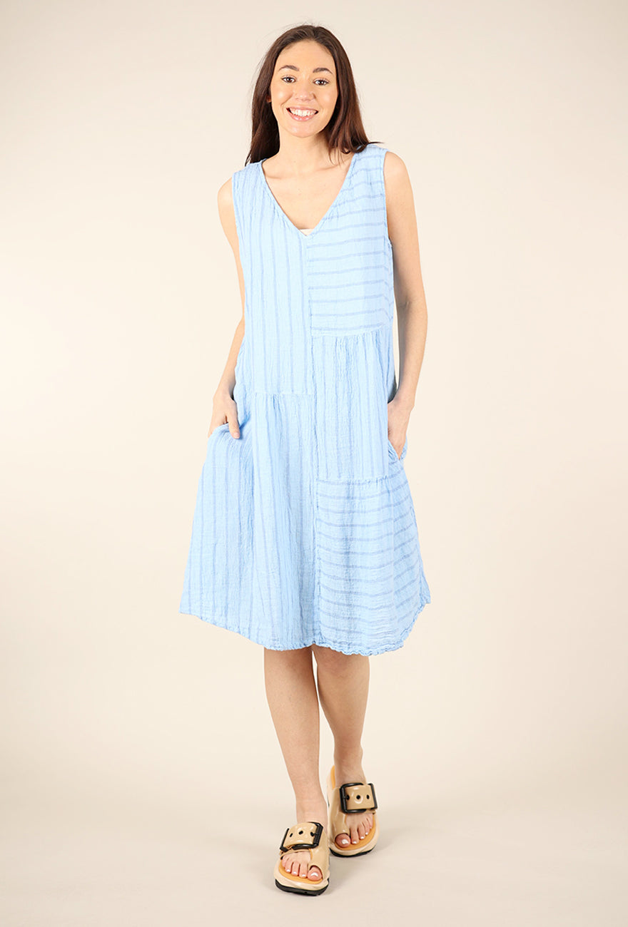 Linen Stripe Patch Dress, Bellflower