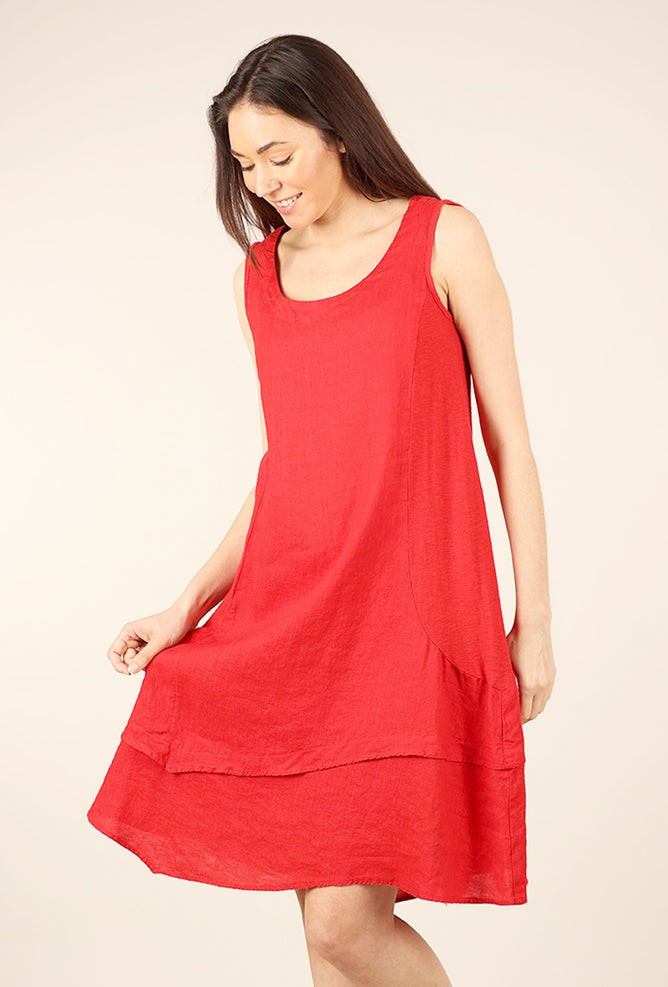 Cut Loose Linen Combo Asym Dress, Cherry 