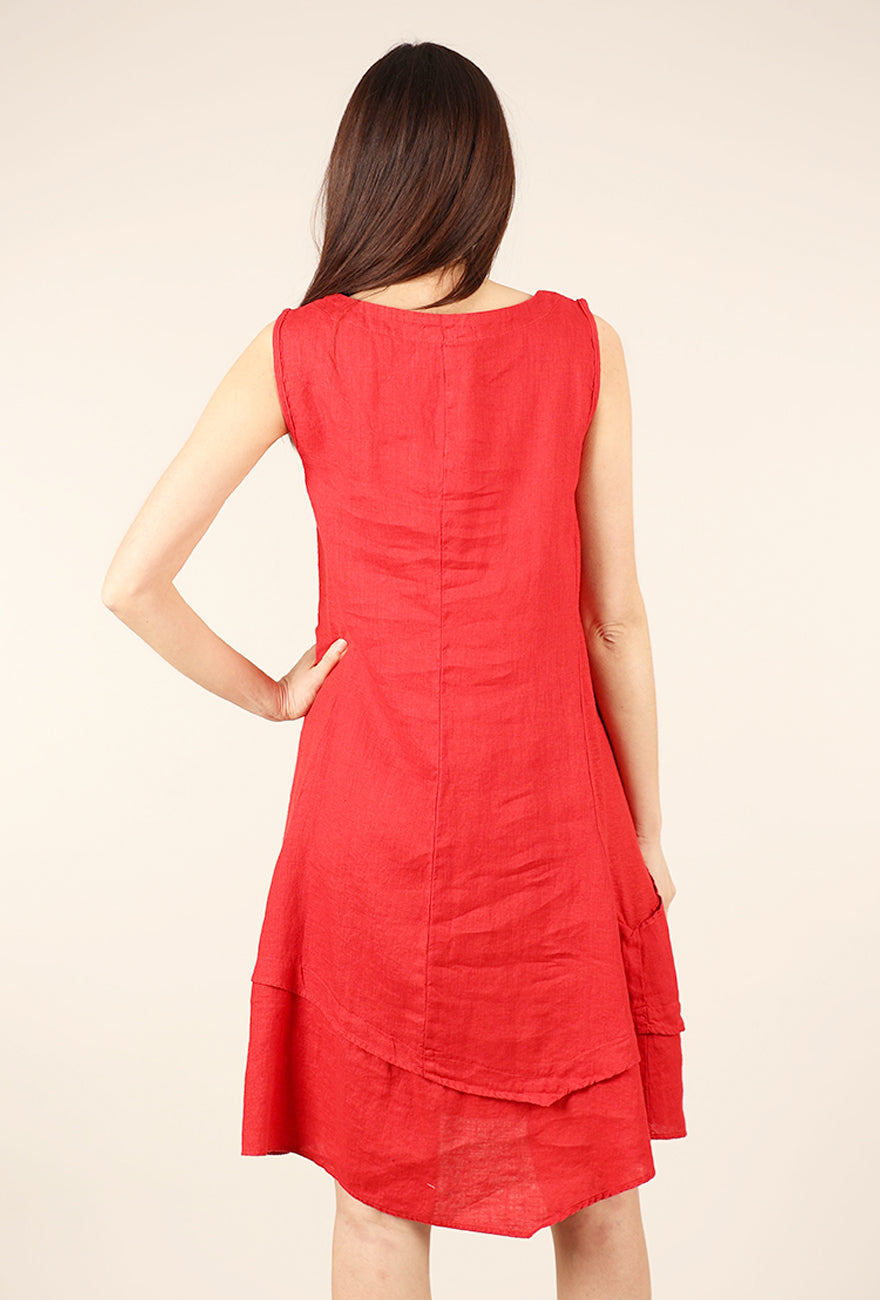 Linen Combo Asym Dress, Cherry