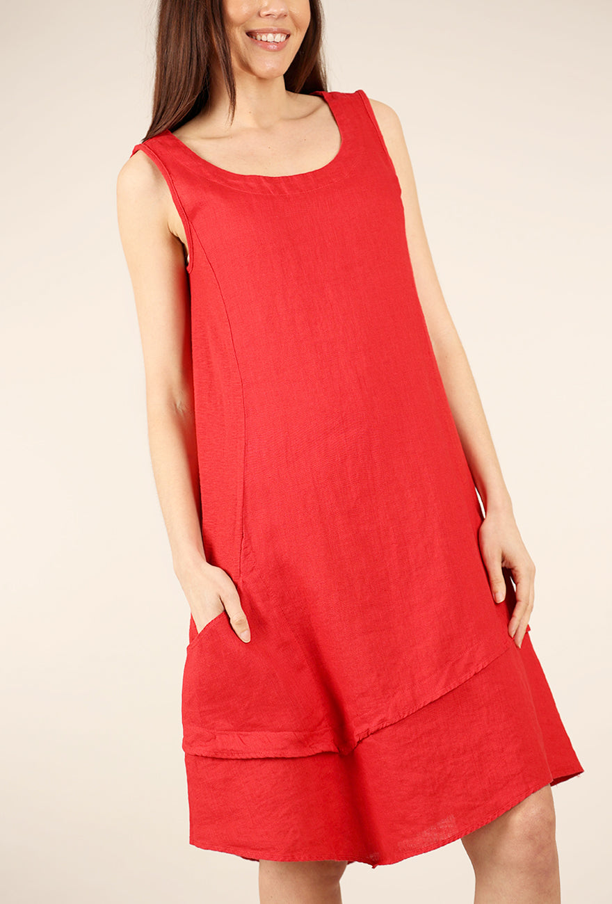 Cut Loose Linen Combo Asym Dress, Cherry 