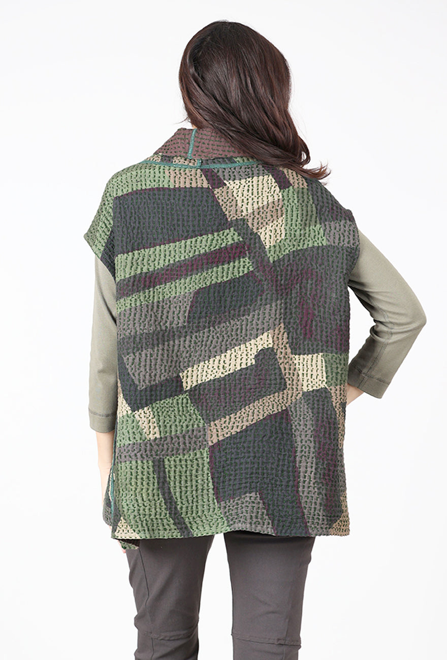 Mieko Mintz Kantha Waffle Funnel Vest, Green Mix 