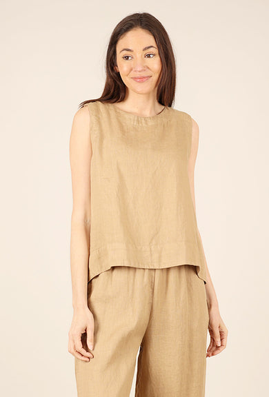 Cut Loose Pleat-Back Linen Tank, Bark 