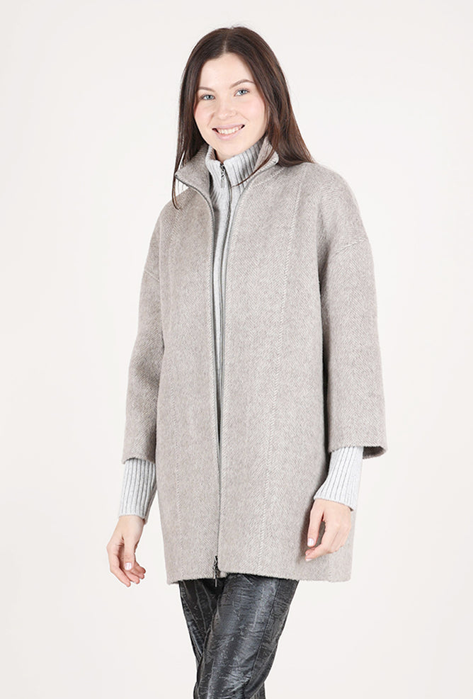 Kinross Cashmere Brushed Herringbone Zipped Coat, Taupe 