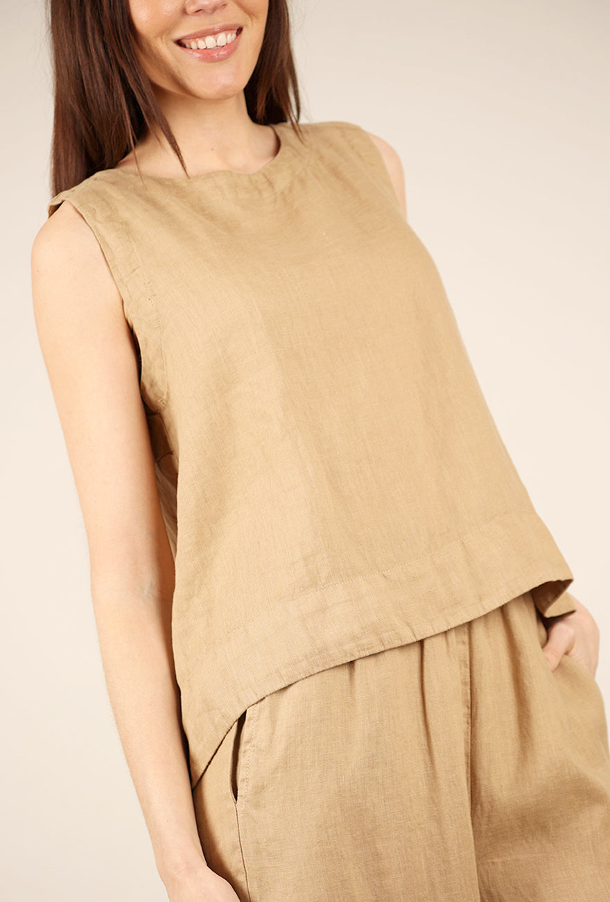 Cut Loose Pleat-Back Linen Tank, Bark 