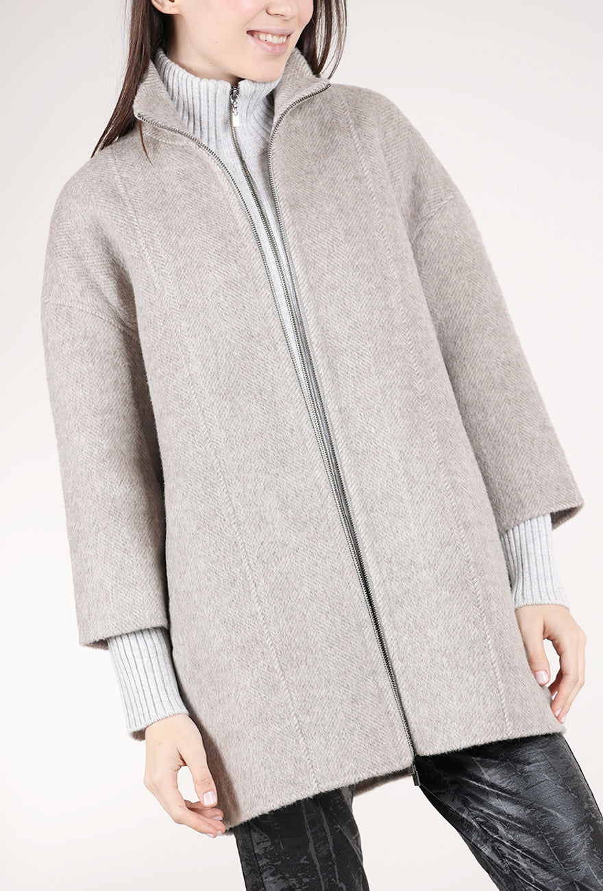 Kinross Cashmere Brushed Herringbone Zipped Coat, Taupe 