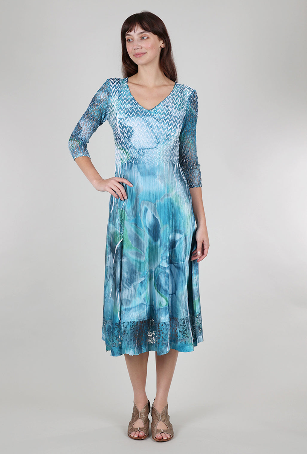 Komarov Lace Sleeve Watercolor Dress, Turquoise 