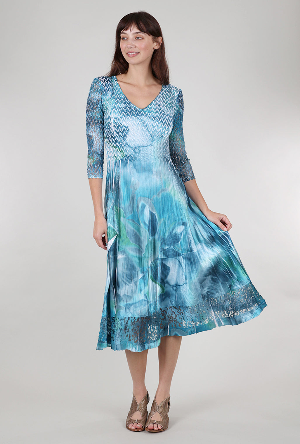 Komarov Lace Sleeve Watercolor Dress, Turquoise 