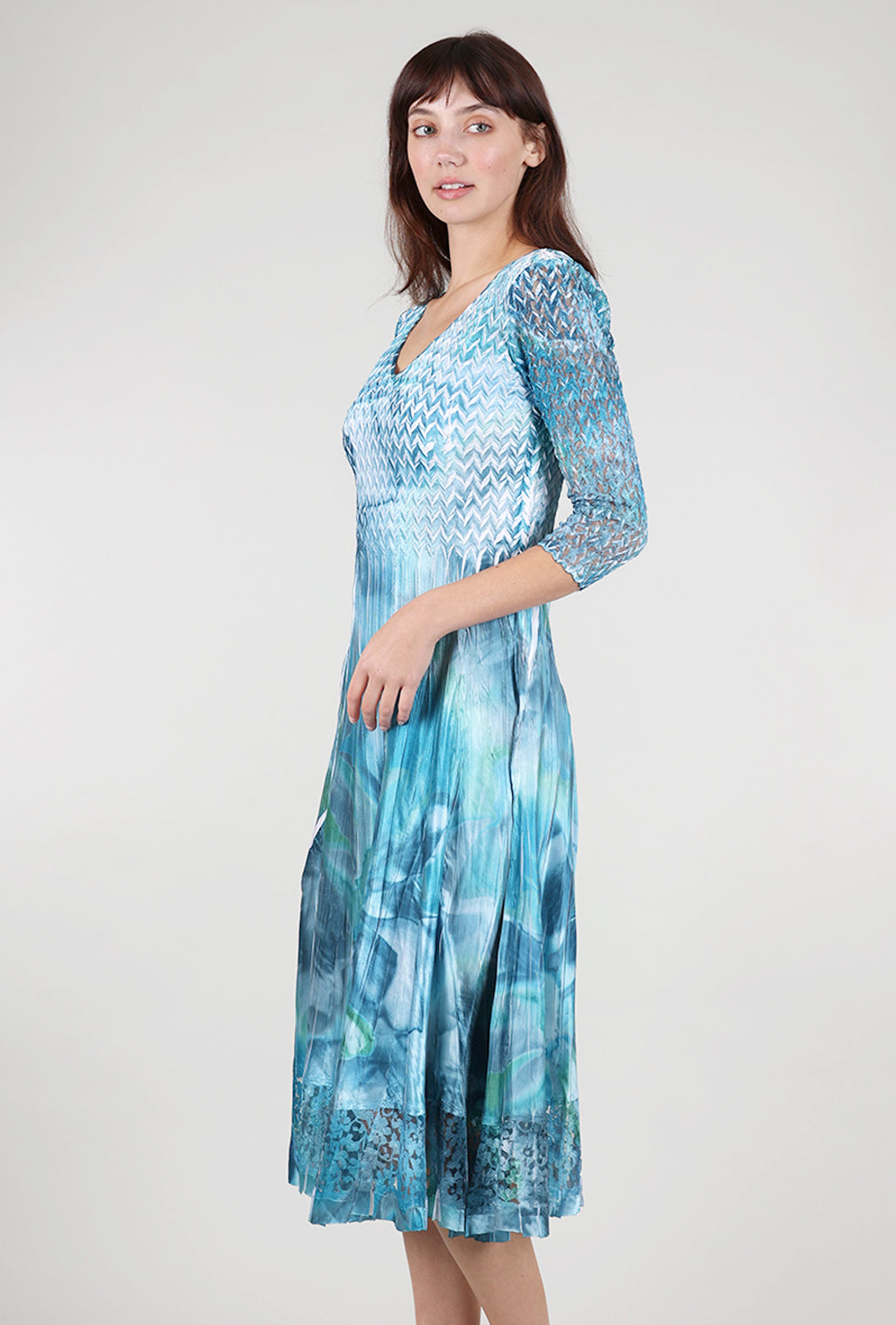 Komarov Lace Sleeve Watercolor Dress, Turquoise 