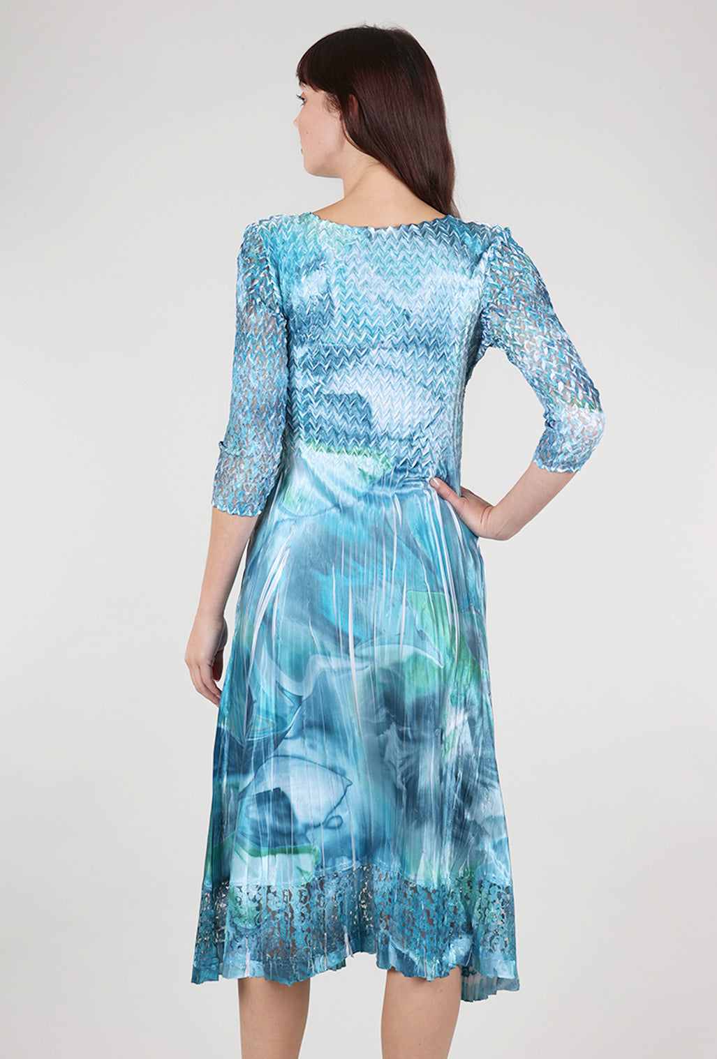 Komarov Lace Sleeve Watercolor Dress, Turquoise 