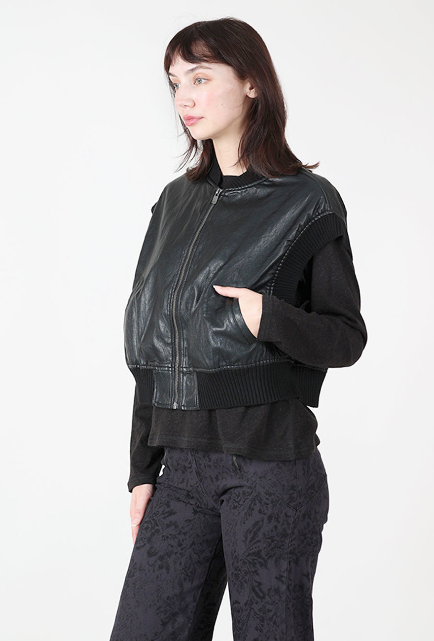 Vegan Leather Zip Vest, Black Angle 2